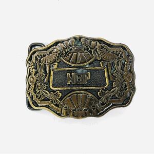 NOP Solid Gold Brass Belt Buckle Oden Art Nouveau Vintage 70s Cowboy Equestrian